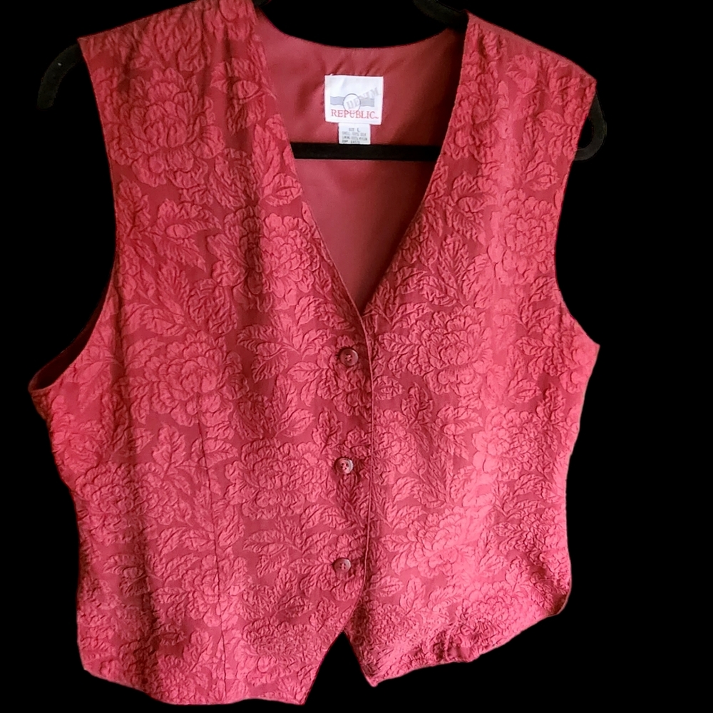 Vintage Red Embossed Victorian Denim Republic Ladies Vest Sz L